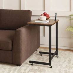 C-förmiger Beistelltisch mit Rollen & Handyhalter Mobiler Laptoptisch Platzsparender Sofatisch