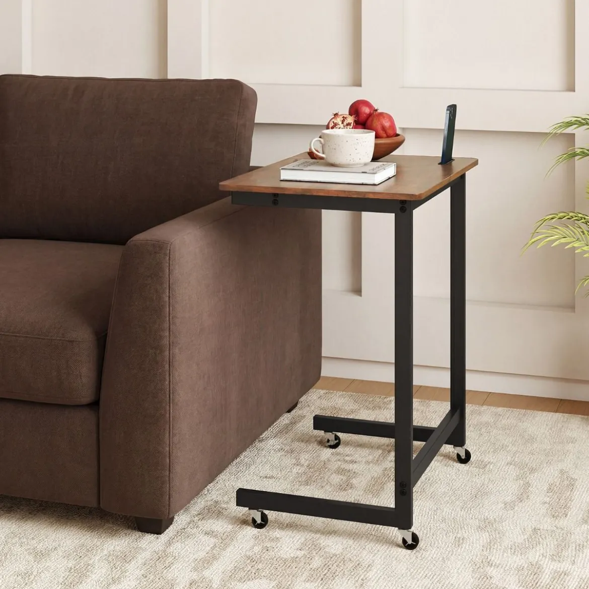 C-förmiger Beistelltisch mit Rollen & Handyhalter Mobiler Laptoptisch Platzsparender Sofatisch