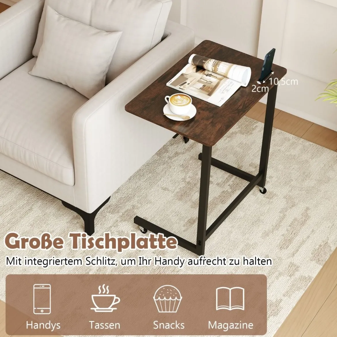 C-förmiger Beistelltisch mit Rollen & Handyhalter Mobiler Laptoptisch Platzsparender Sofatisch