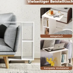 C-förmiger Beistelltisch schmaler Beistelltisch mit Ablageflächen mobiler Nachttisch für Wohnzimmer Weiß