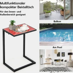 C-förmiger Beistelltisch Sofatisch mit Metallrahmen Terrassentisch 46,5 x 32 x 65,5 cm Schwarz + Rot