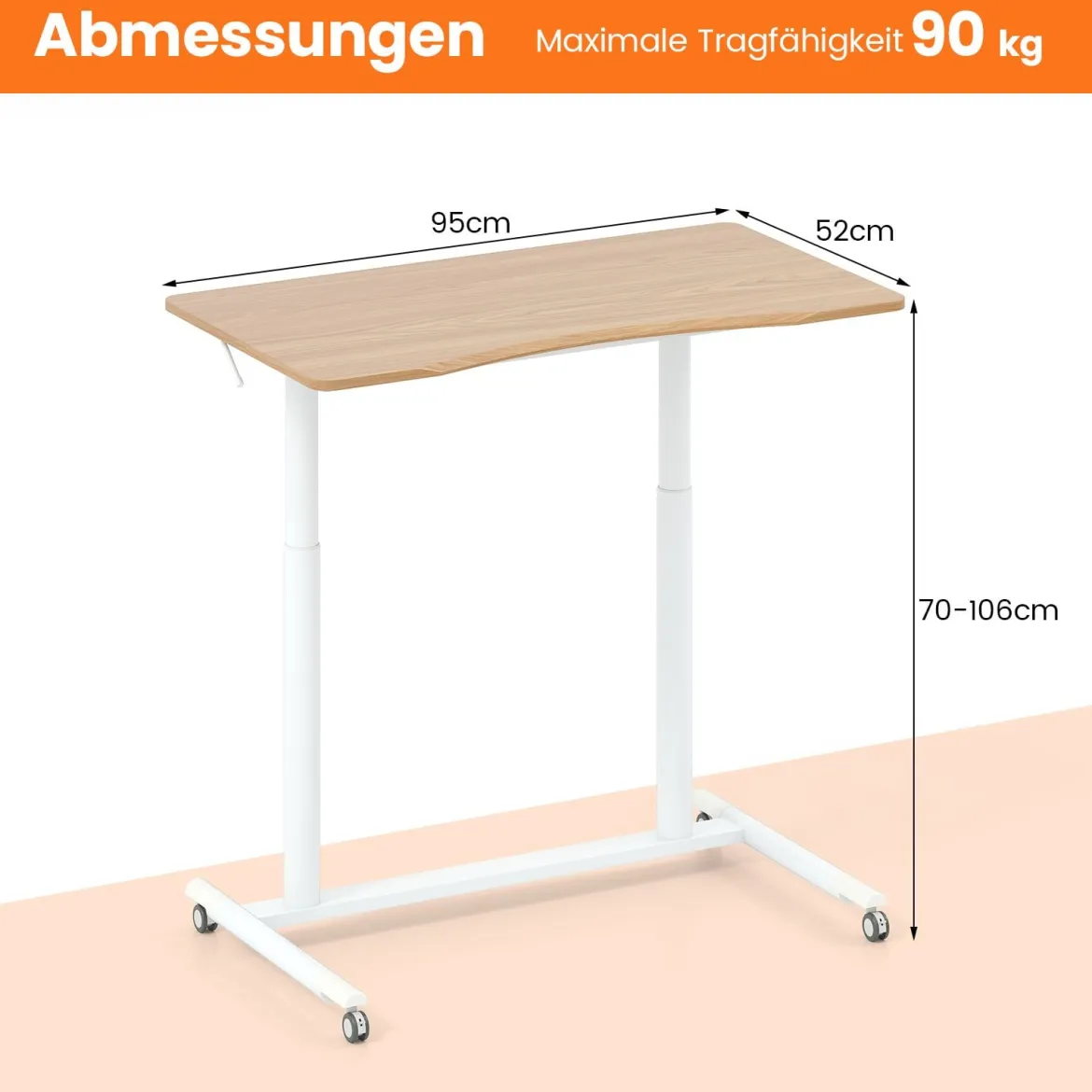 C-förmiger Schreibtsich mit Rollen 70-106 cm höhenverstellbarer ComputertischStehpult Natur