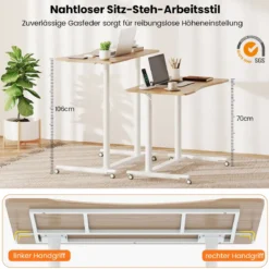C-förmiger Schreibtsich mit Rollen 70-106 cm höhenverstellbarer ComputertischStehpult Natur