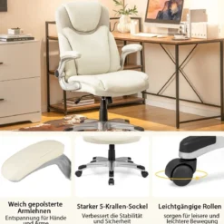 Chefsessel drehbarer Schreibtischstuhl aus Kunstleder mit Wippfunktion 72 x 72 x 108–118 cm Weiß