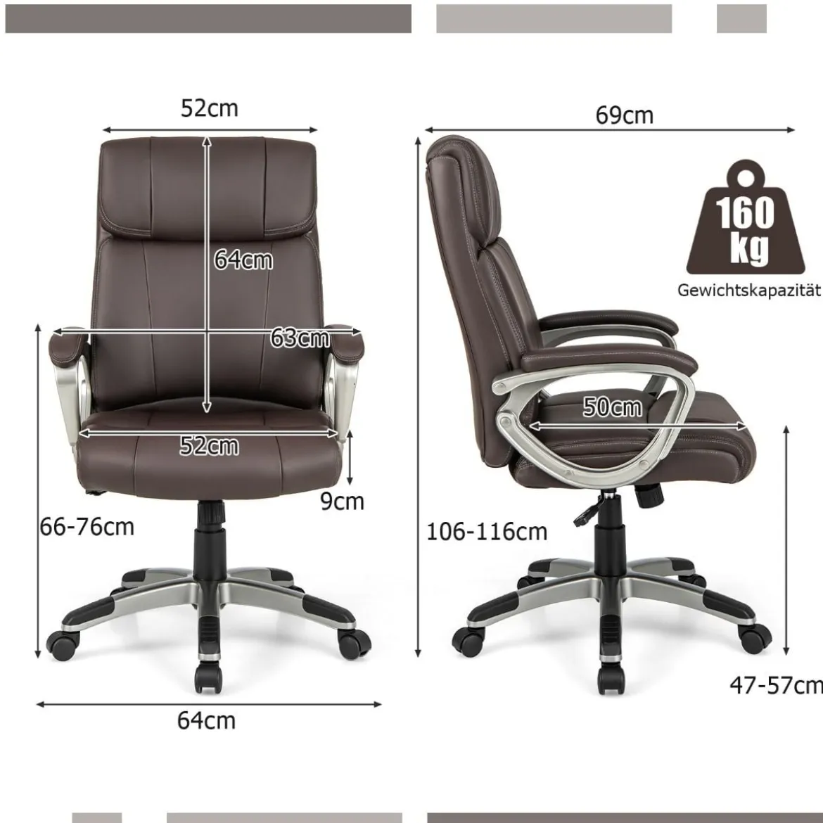 Chefsessel drehbarer Schreibtischstuhl aus Kunstleder mit Wippfunktion und verstellbarer Höhe 64 x 69 x 106–116 cm Braun