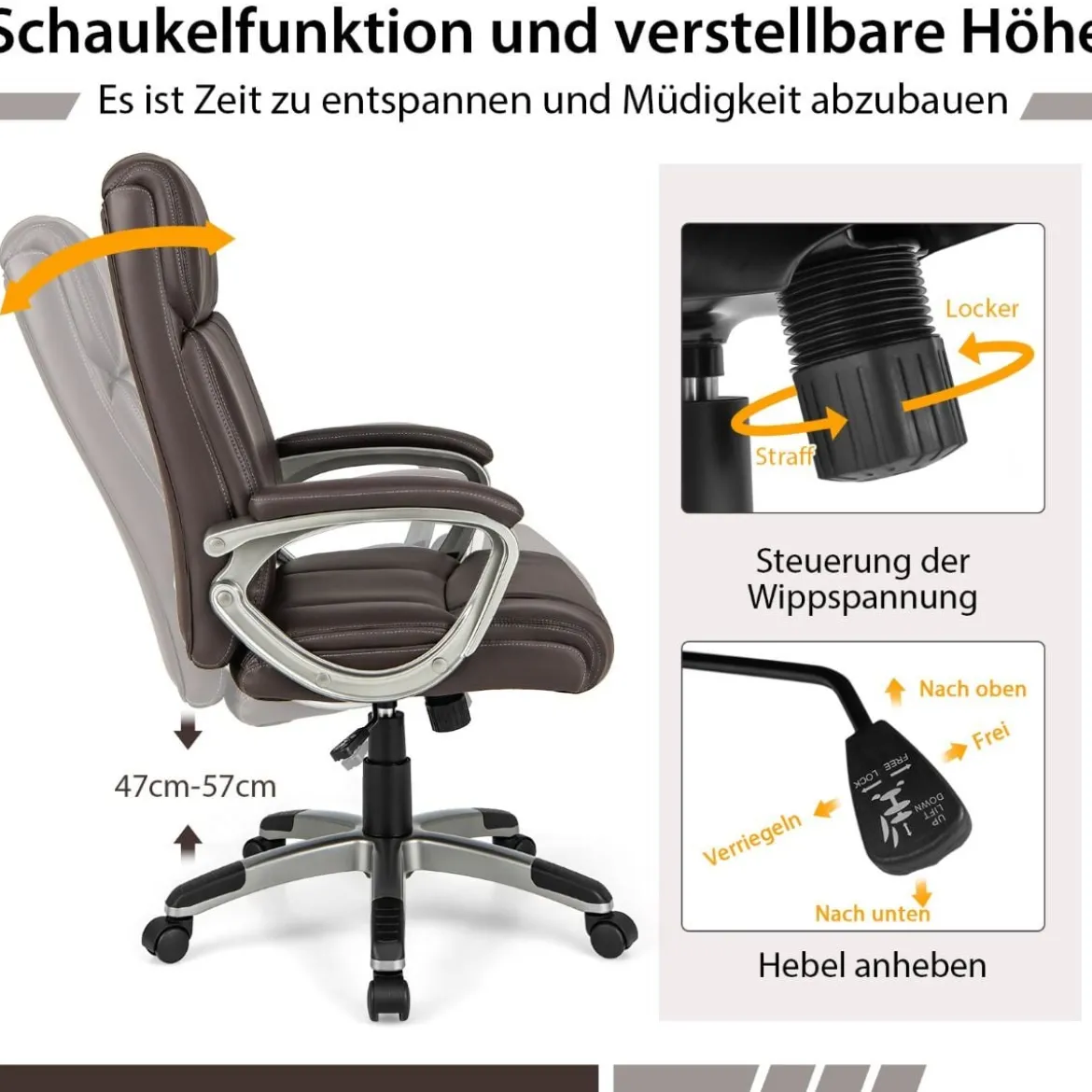 Chefsessel drehbarer Schreibtischstuhl aus Kunstleder mit Wippfunktion und verstellbarer Höhe 64 x 69 x 106–116 cm Braun