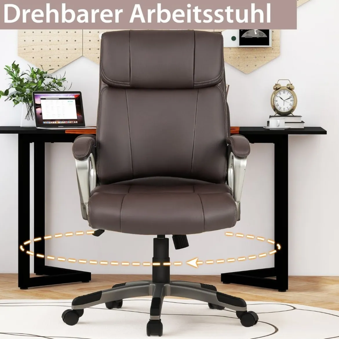 Chefsessel drehbarer Schreibtischstuhl aus Kunstleder mit Wippfunktion und verstellbarer Höhe 64 x 69 x 106–116 cm Braun