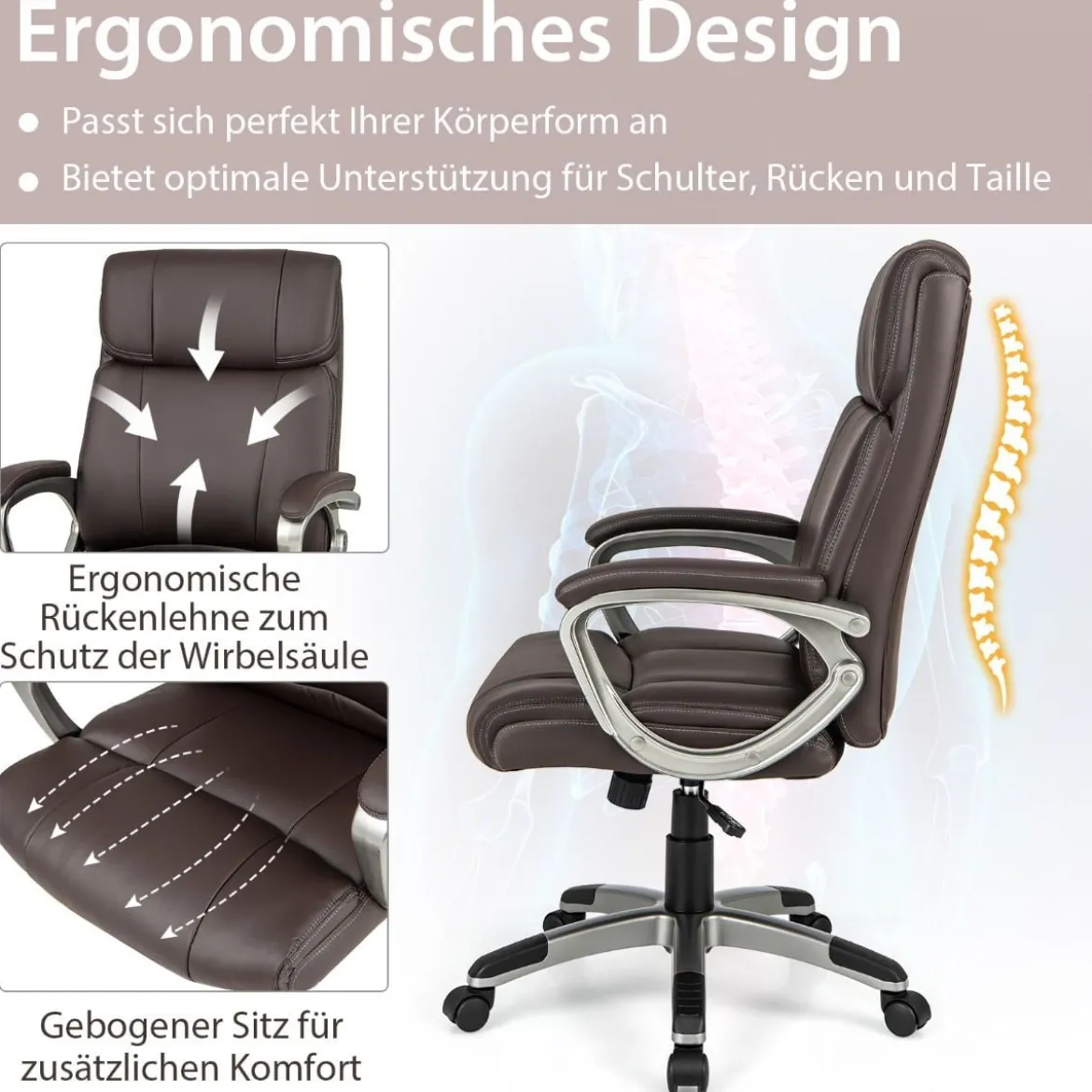 Chefsessel drehbarer Schreibtischstuhl aus Kunstleder mit Wippfunktion und verstellbarer Höhe 64 x 69 x 106–116 cm Braun