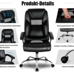 Chefsessel mit hoher Rückenlehne mit PVC-Leder gepolsterter Bürostuhl 67 x 68 x 114-122 cm Schwarz