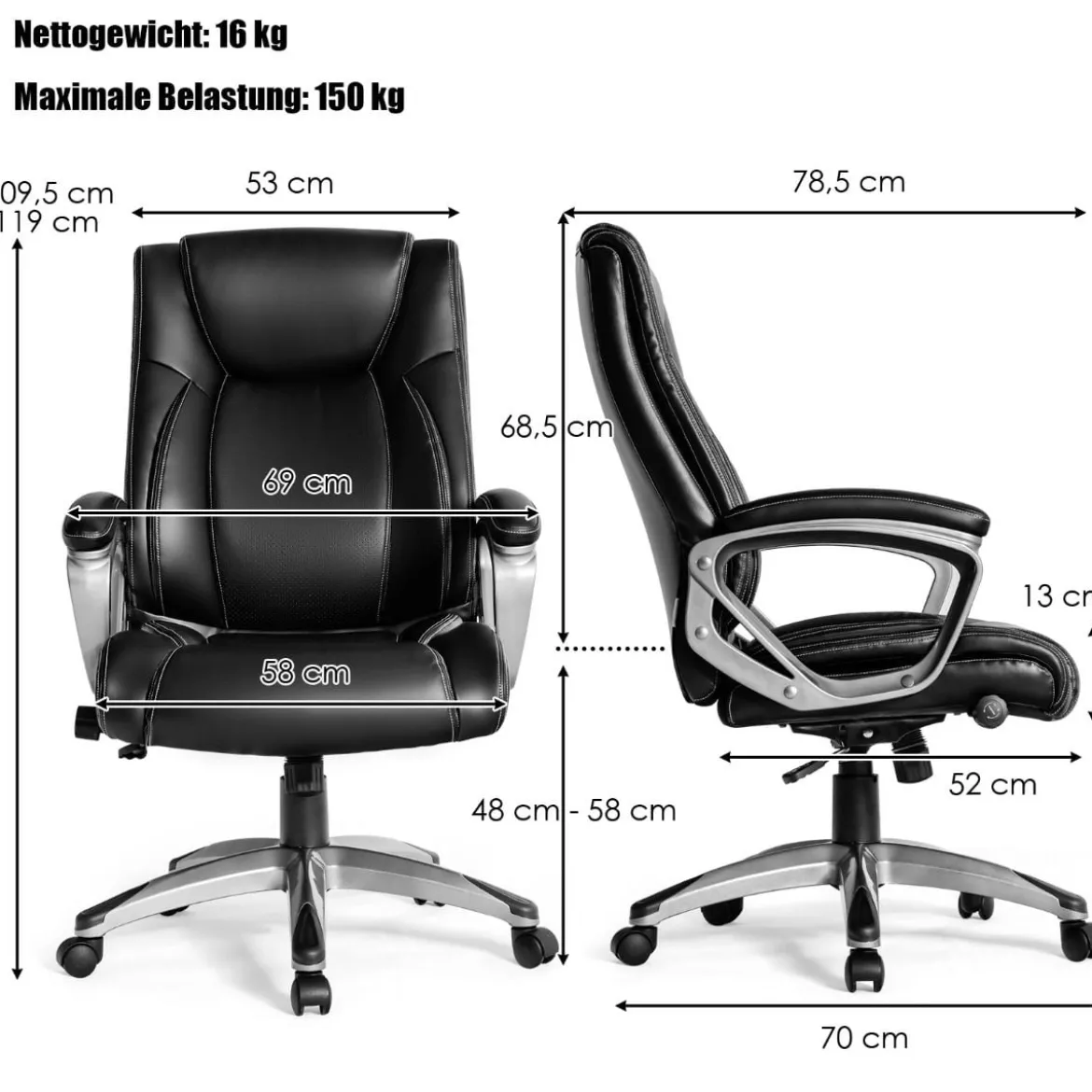 Chefsessel mit Verstellbarer Lendenwirbelstütze Ergonomischer Bürostuhl 78,5 x 68,5 x 109,5-119 cm Schwarz