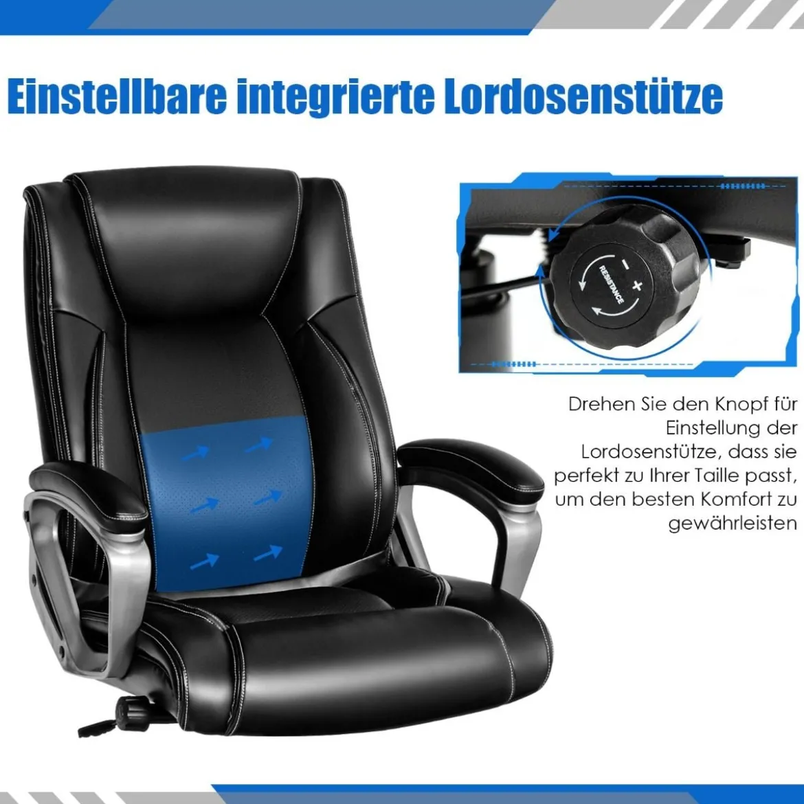 Chefsessel mit Verstellbarer Lendenwirbelstütze Ergonomischer Bürostuhl 78,5 x 68,5 x 109,5-119 cm Schwarz