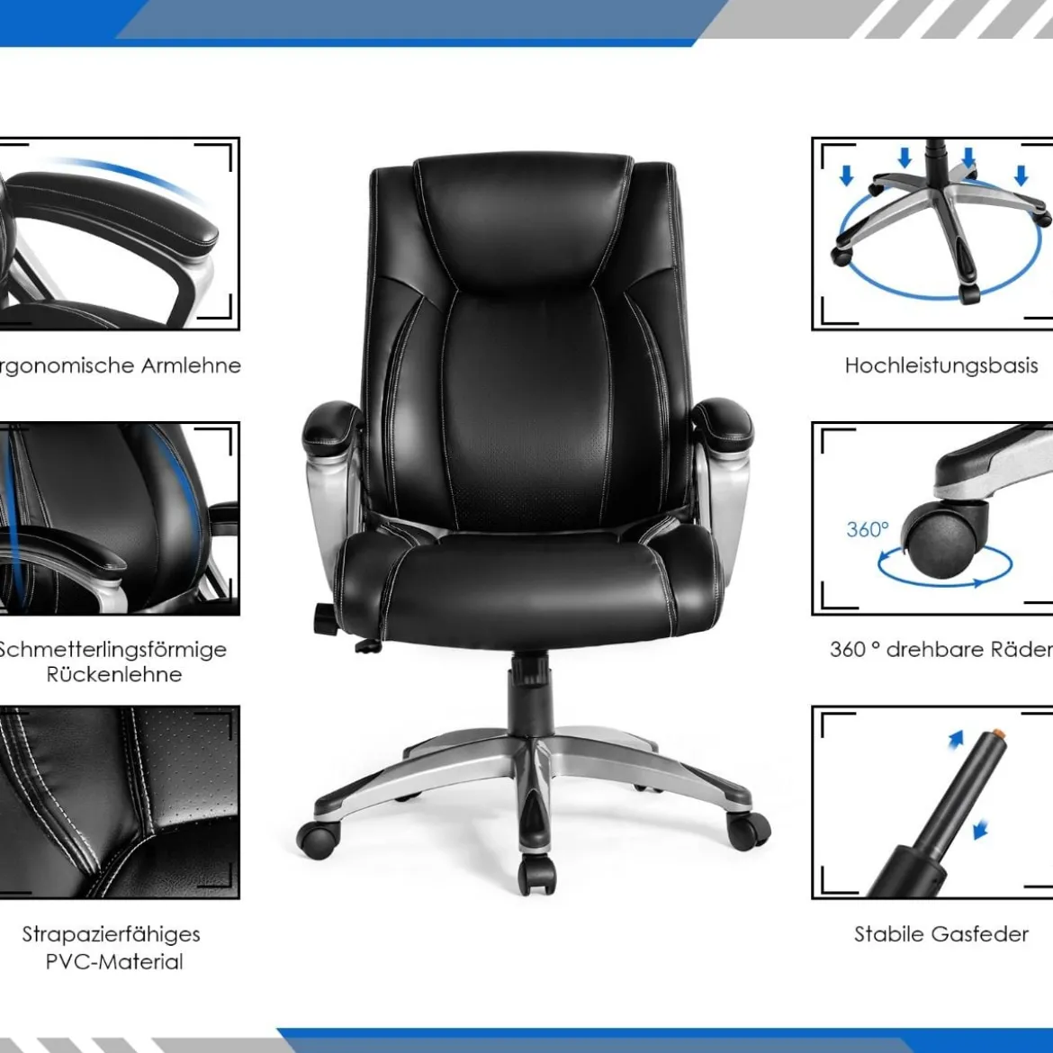 Chefsessel mit Verstellbarer Lendenwirbelstütze Ergonomischer Bürostuhl 78,5 x 68,5 x 109,5-119 cm Schwarz