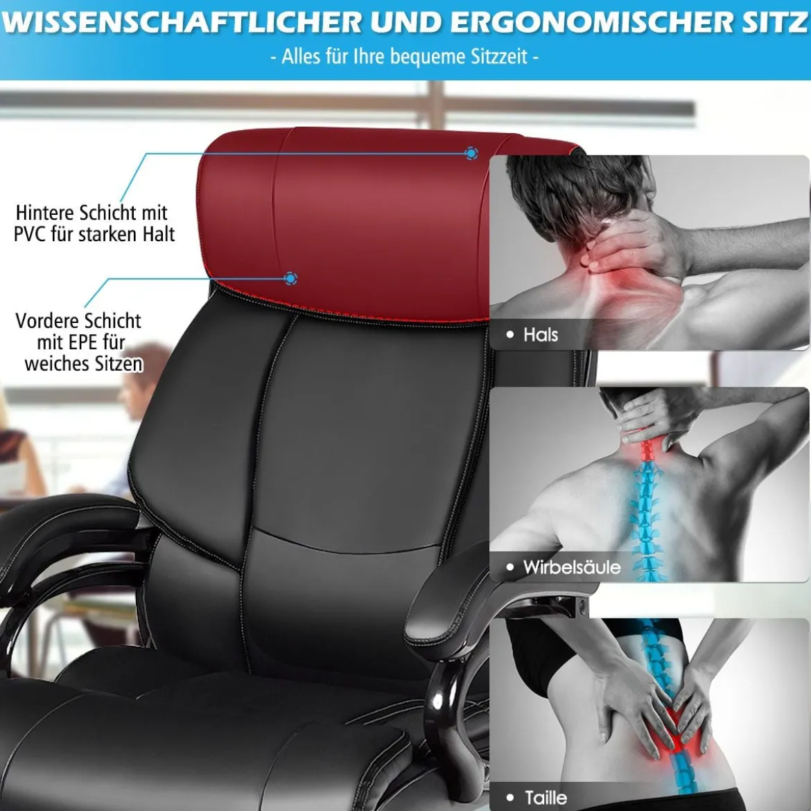 Chefstuhl Bürostuhl Drehstuhl mit Verstellbarer Höhe und Winkel Schwarz
