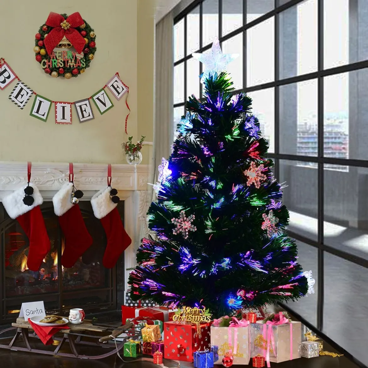 Christbaum LED 90/120/150/180 cm Künstlicher Weihnachtsbaum mit Glasfaser-Farbwechsler Grün