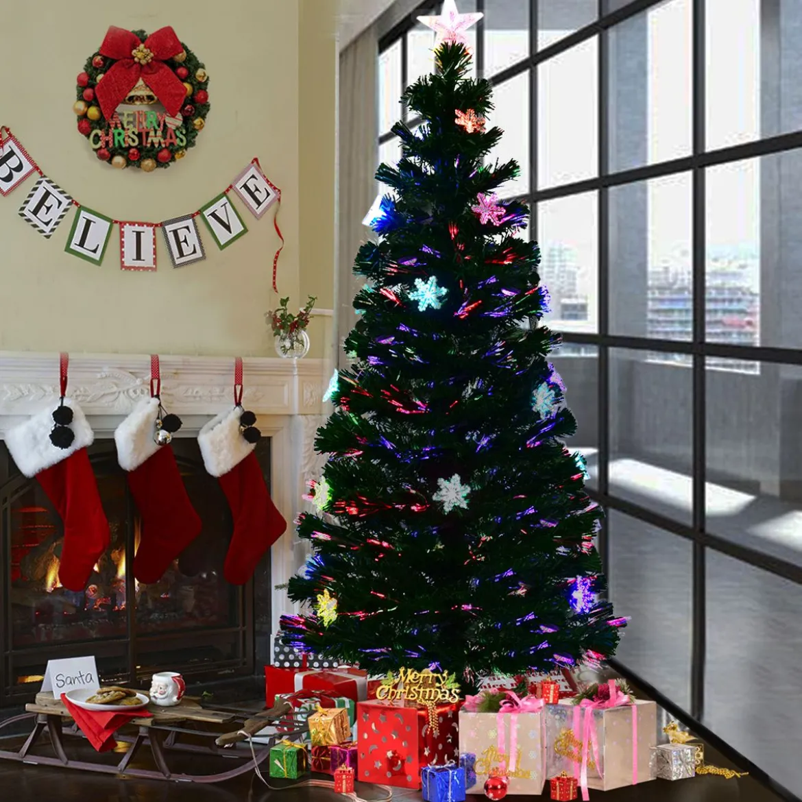Christbaum LED 90/120/150/180 cm Künstlicher Weihnachtsbaum mit Glasfaser-Farbwechsler Grün
