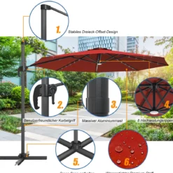 Ø300cm Ampelschirm LED Sonnenschirm mit Kreuzständer Terrassenschirm neigbar Weinrot