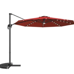 Ø300cm Ampelschirm LED Sonnenschirm mit Kreuzständer Terrassenschirm neigbar Weinrot