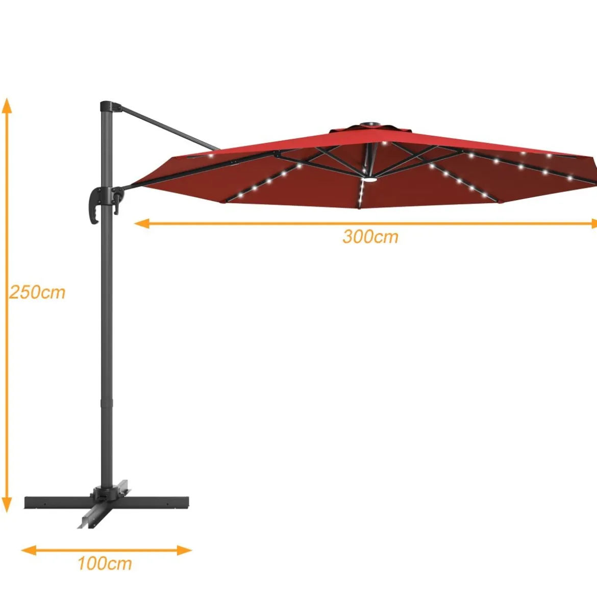 Ø300cm Ampelschirm LED Sonnenschirm mit Kreuzständer Terrassenschirm neigbar Weinrot