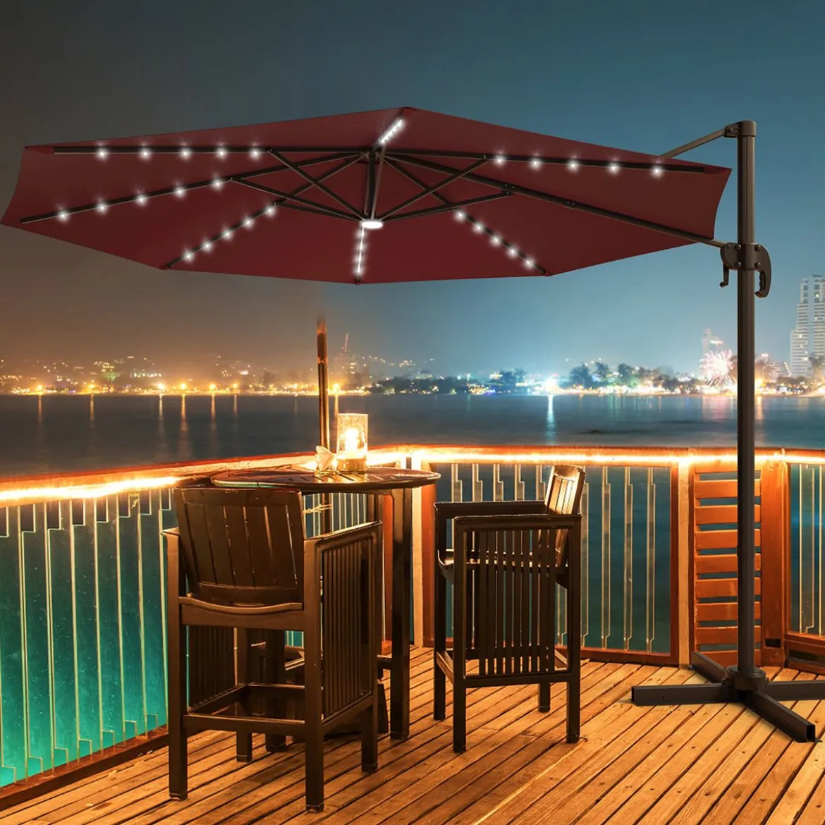 Ø300cm Ampelschirm LED Sonnenschirm mit Kreuzständer Terrassenschirm neigbar Weinrot