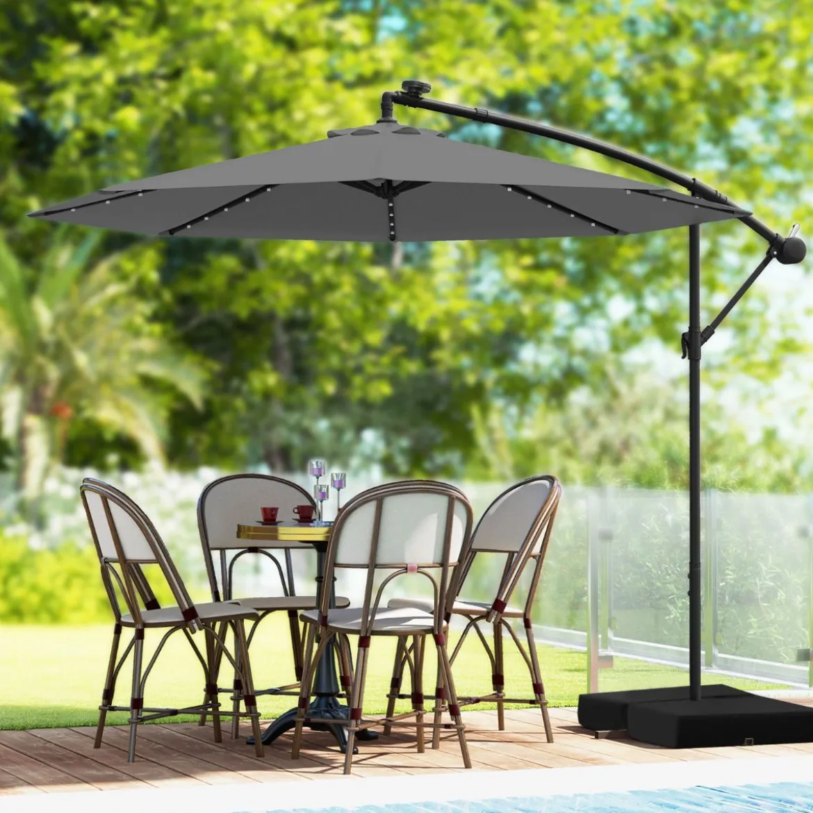 Ø350 cm Ampelschirm mit 40 Solar-LED-Leuchten & Sandsäcke & Kurbel & UV-Schutz Sonnenschirm Grau/Beige/Braun