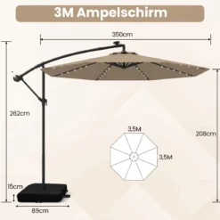 Ø350 cm Ampelschirm mit 40 Solar-LED-Leuchten & Sandsäcke & Kurbel & UV-Schutz Sonnenschirm Grau/Beige/Braun