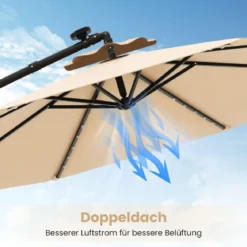 Ø350 cm Ampelschirm mit 40 Solar-LED-Leuchten & Sandsäcke & Kurbel & UV-Schutz Sonnenschirm Grau/Beige/Braun