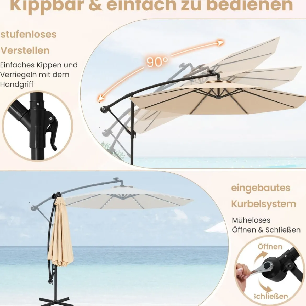 Ø350 cm Ampelschirm mit 40 Solar-LED-Leuchten & Sandsäcke & Kurbel & UV-Schutz Sonnenschirm Grau/Beige/Braun