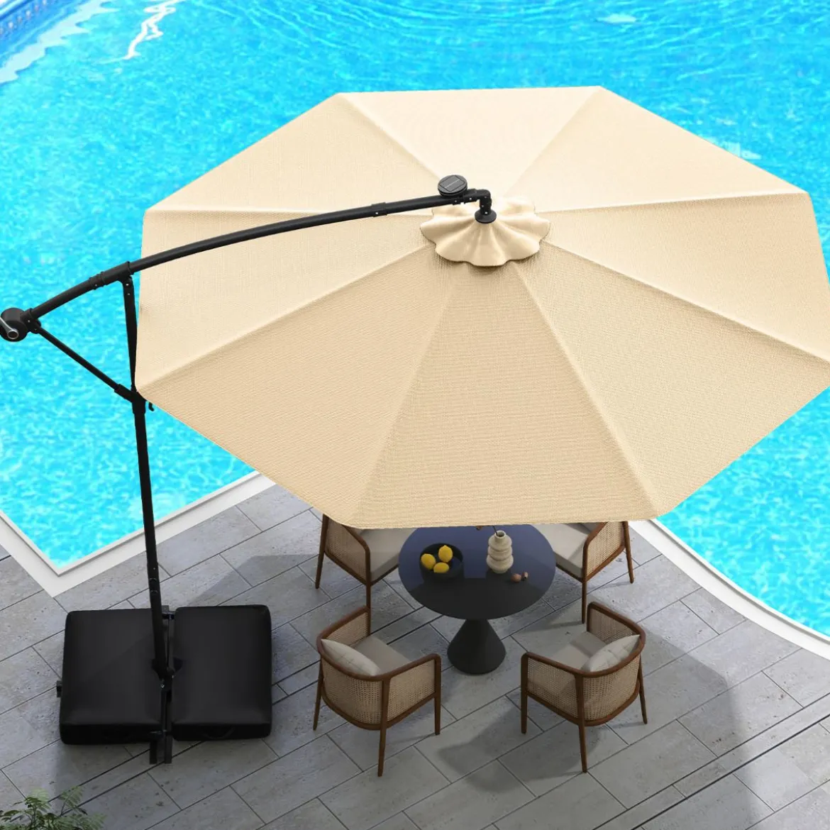 Ø350 cm Ampelschirm mit 40 Solar-LED-Leuchten & Sandsäcke & Kurbel & UV-Schutz Sonnenschirm Grau/Beige/Braun