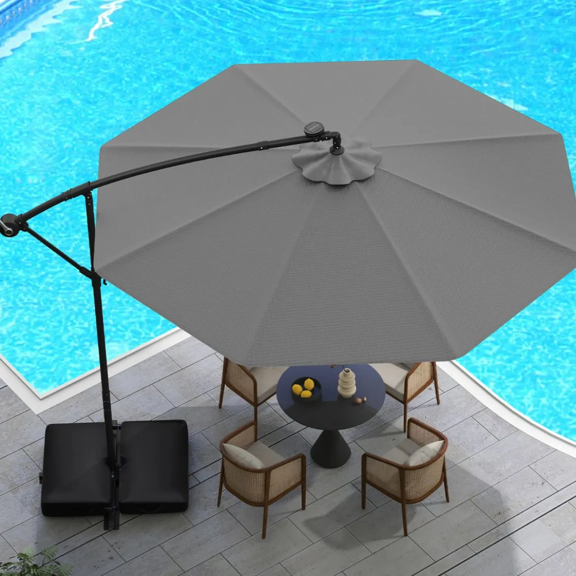 Ø350 cm Ampelschirm mit 40 Solar-LED-Leuchten & Sandsäcke & Kurbel & UV-Schutz Sonnenschirm Grau/Beige/Braun