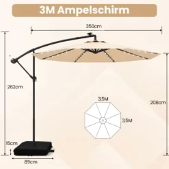 Ø350 cm Ampelschirm mit 40 Solar-LED-Leuchten & Sandsäcke & Kurbel & UV-Schutz Sonnenschirm Grau/Beige/Braun