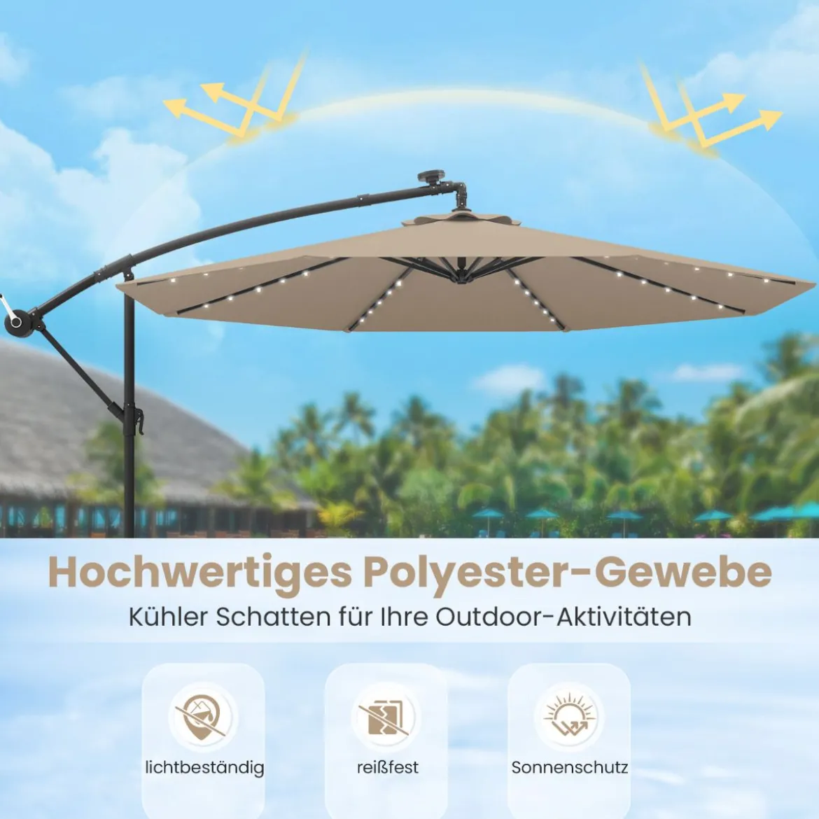 Ø350 cm Ampelschirm mit 40 Solar-LED-Leuchten & Sandsäcke & Kurbel & UV-Schutz Sonnenschirm Grau/Beige/Braun