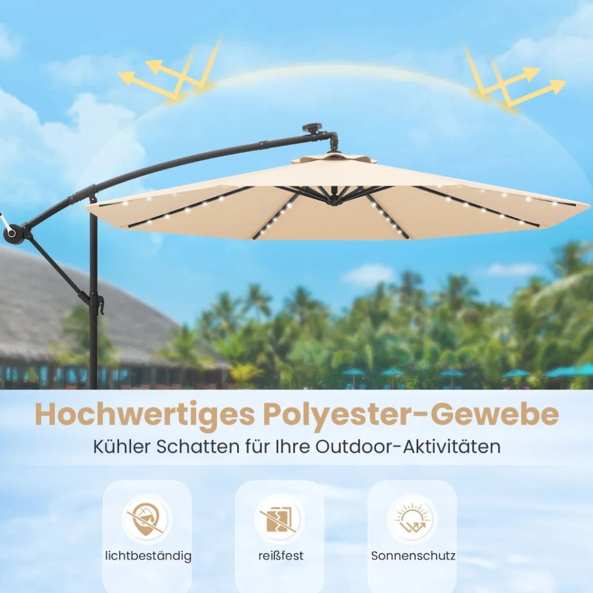 Ø350 cm Ampelschirm mit 40 Solar-LED-Leuchten & Sandsäcke & Kurbel & UV-Schutz Sonnenschirm Grau/Beige/Braun