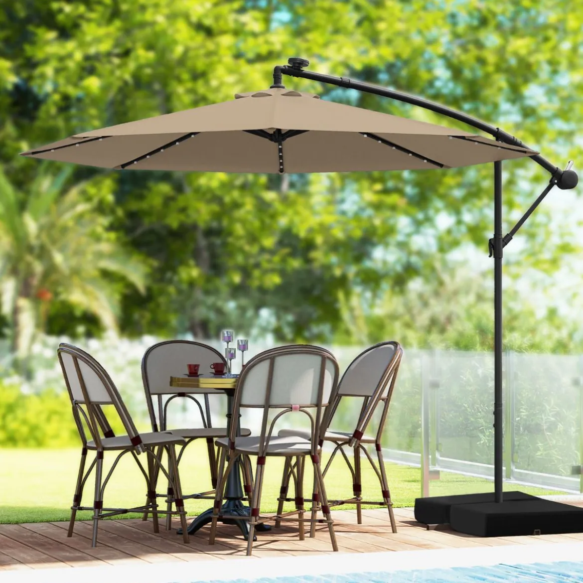 Ø350 cm Ampelschirm mit 40 Solar-LED-Leuchten & Sandsäcke & Kurbel & UV-Schutz Sonnenschirm Grau/Beige/Braun