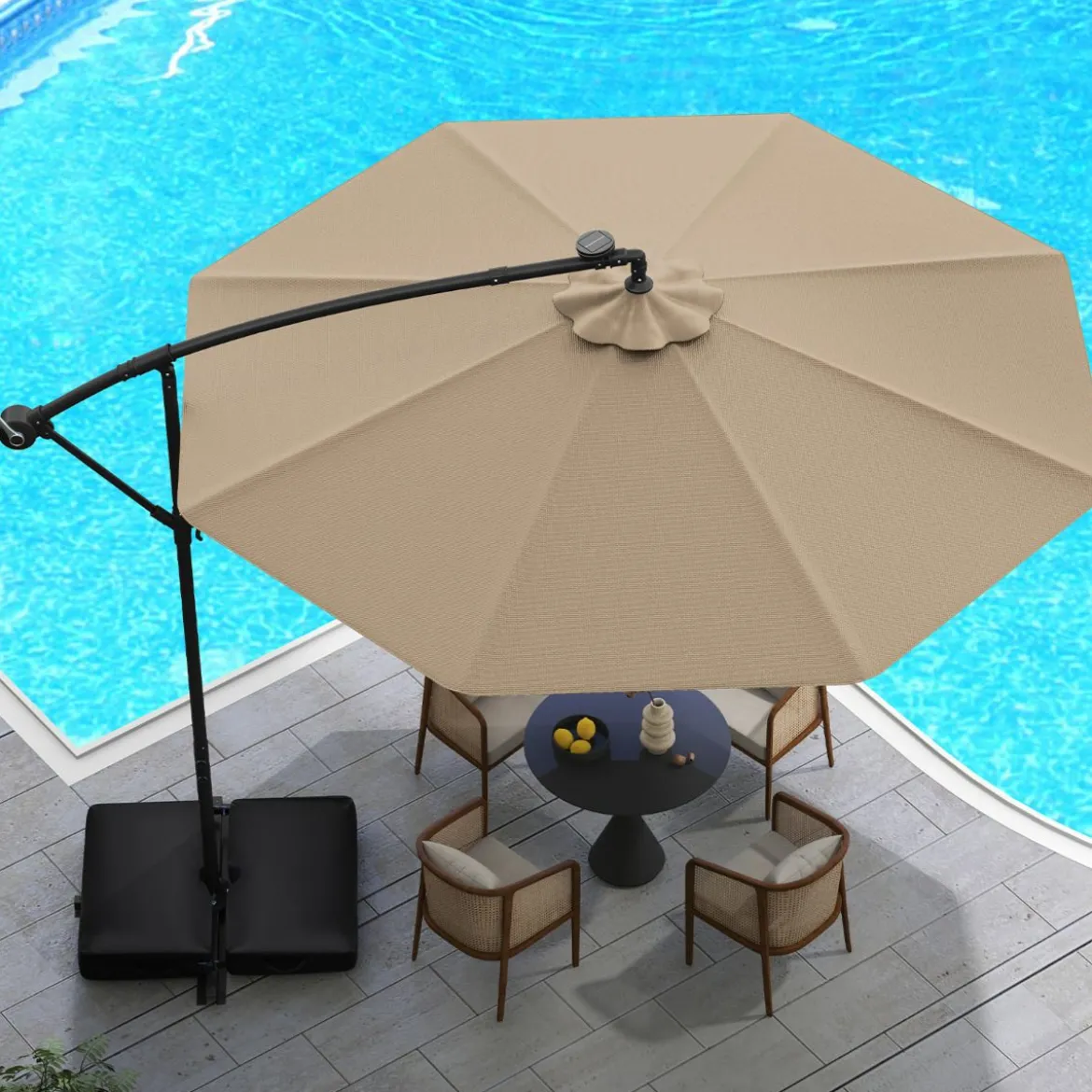 Ø350 cm Ampelschirm mit 40 Solar-LED-Leuchten & Sandsäcke & Kurbel & UV-Schutz Sonnenschirm Grau/Beige/Braun