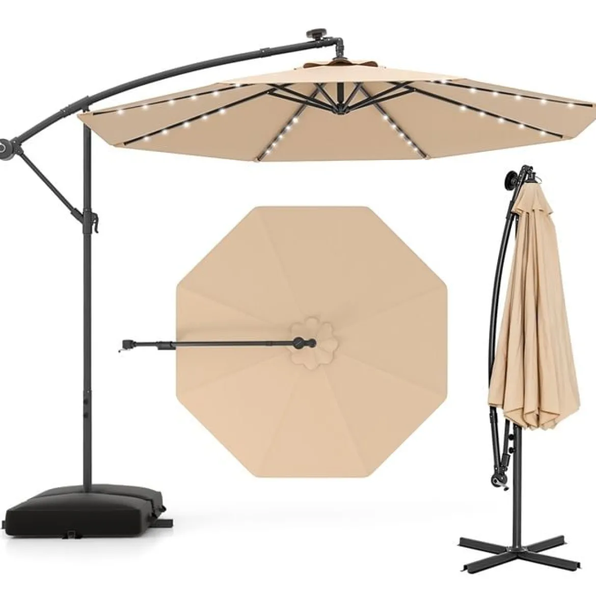 Ø350 cm Ampelschirm mit 40 Solar-LED-Leuchten & Sandsäcke & Kurbel & UV-Schutz Sonnenschirm Grau/Beige/Braun