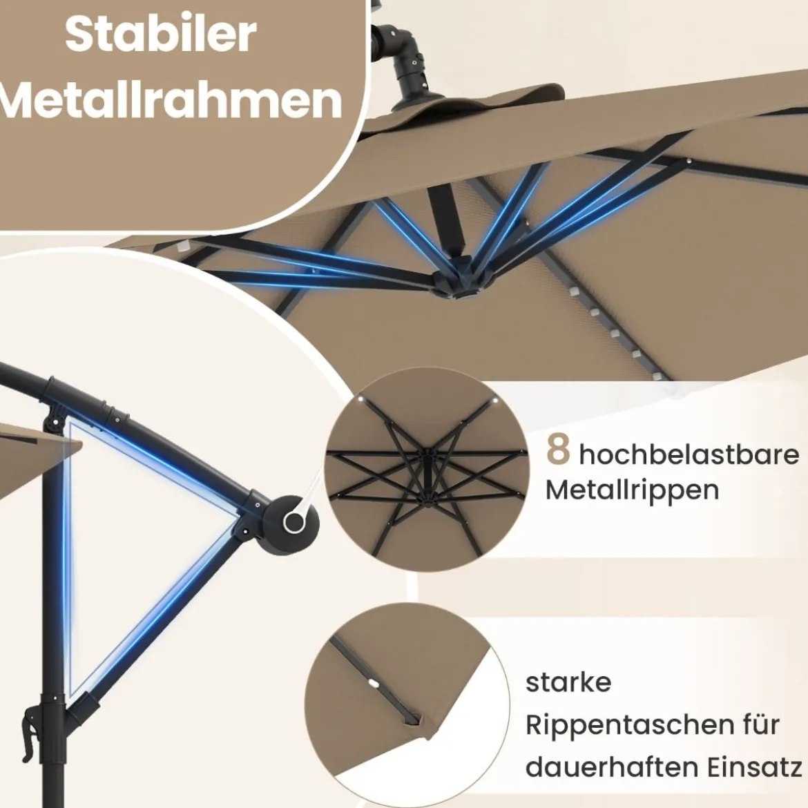 Ø350 cm Ampelschirm mit 40 Solar-LED-Leuchten & Sandsäcke & Kurbel & UV-Schutz Sonnenschirm Grau/Beige/Braun
