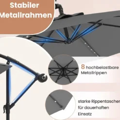 Ø350 cm Ampelschirm mit 40 Solar-LED-Leuchten & Sandsäcke & Kurbel & UV-Schutz Sonnenschirm Grau/Beige/Braun