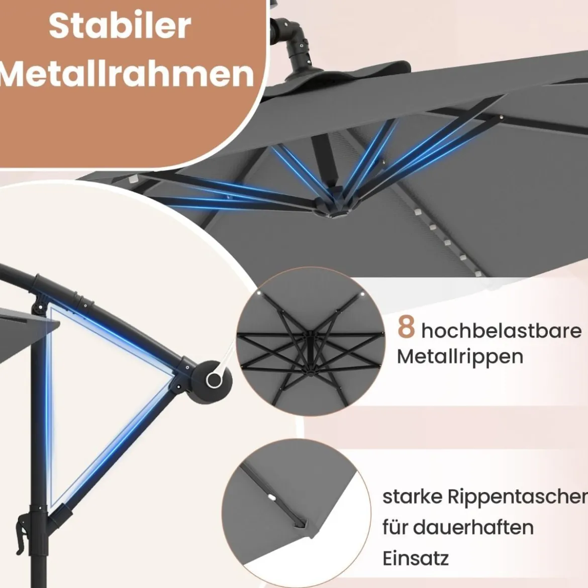 Ø300 cm Ampelschirm mit 40 Solar-LED-Leuchten & Sandsäcke & Kurbel & UV-Schutz Sonnenschirm