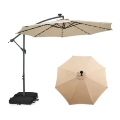 Ø300 cm Ampelschirm mit 40 Solar-LED-Leuchten & Sandsäcke & Kurbel & UV-Schutz Sonnenschirm