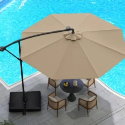 Ø300 cm Ampelschirm mit 40 Solar-LED-Leuchten & Sandsäcke & Kurbel & UV-Schutz Sonnenschirm