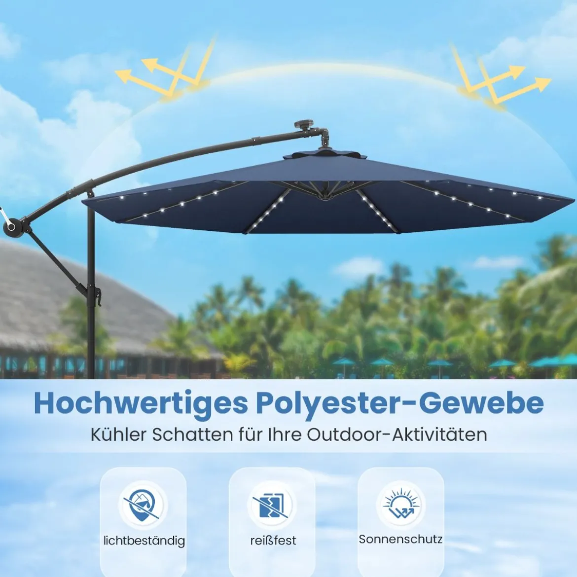 Ø300 cm Ampelschirm mit 40 Solar-LED-Leuchten & Sandsäcke & Kurbel & UV-Schutz Sonnenschirm