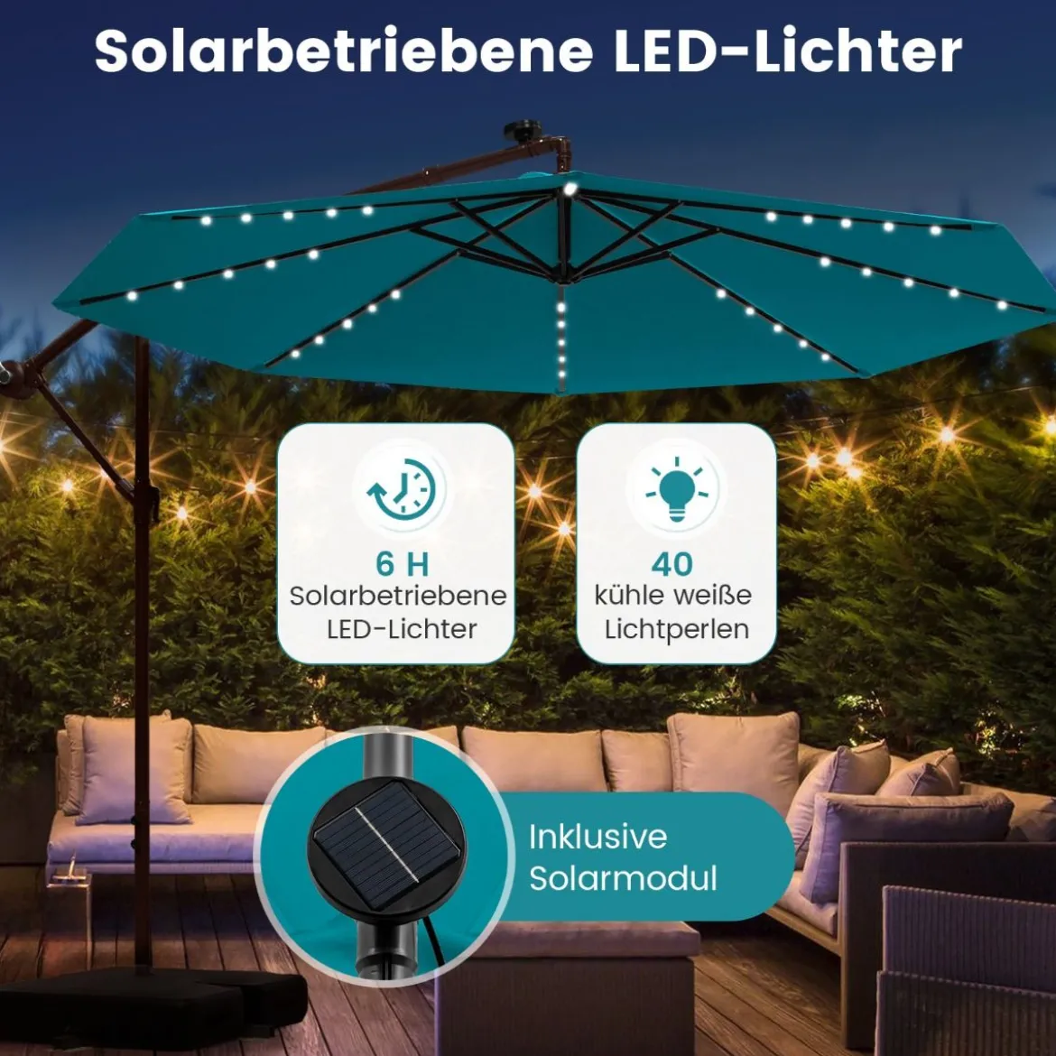 Ø300 cm Ampelschirm mit 40 Solar-LED-Leuchten & Sandsäcke & Kurbel & UV-Schutz Sonnenschirm