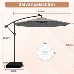 Ø300 cm Ampelschirm mit 40 Solar-LED-Leuchten & Sandsäcke & Kurbel & UV-Schutz Sonnenschirm