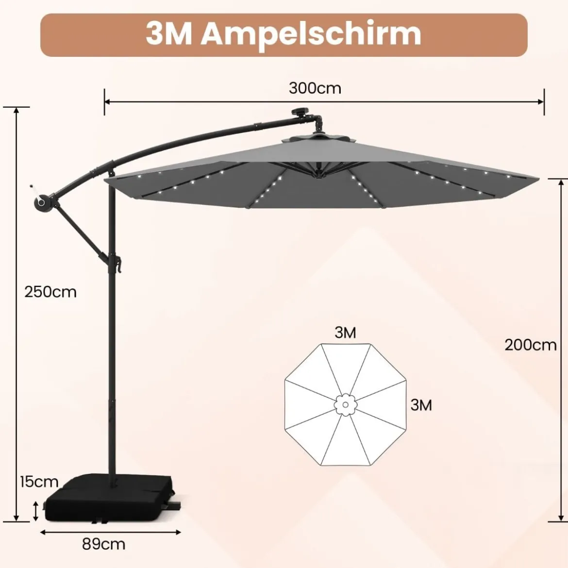 Ø300 cm Ampelschirm mit 40 Solar-LED-Leuchten & Sandsäcke & Kurbel & UV-Schutz Sonnenschirm