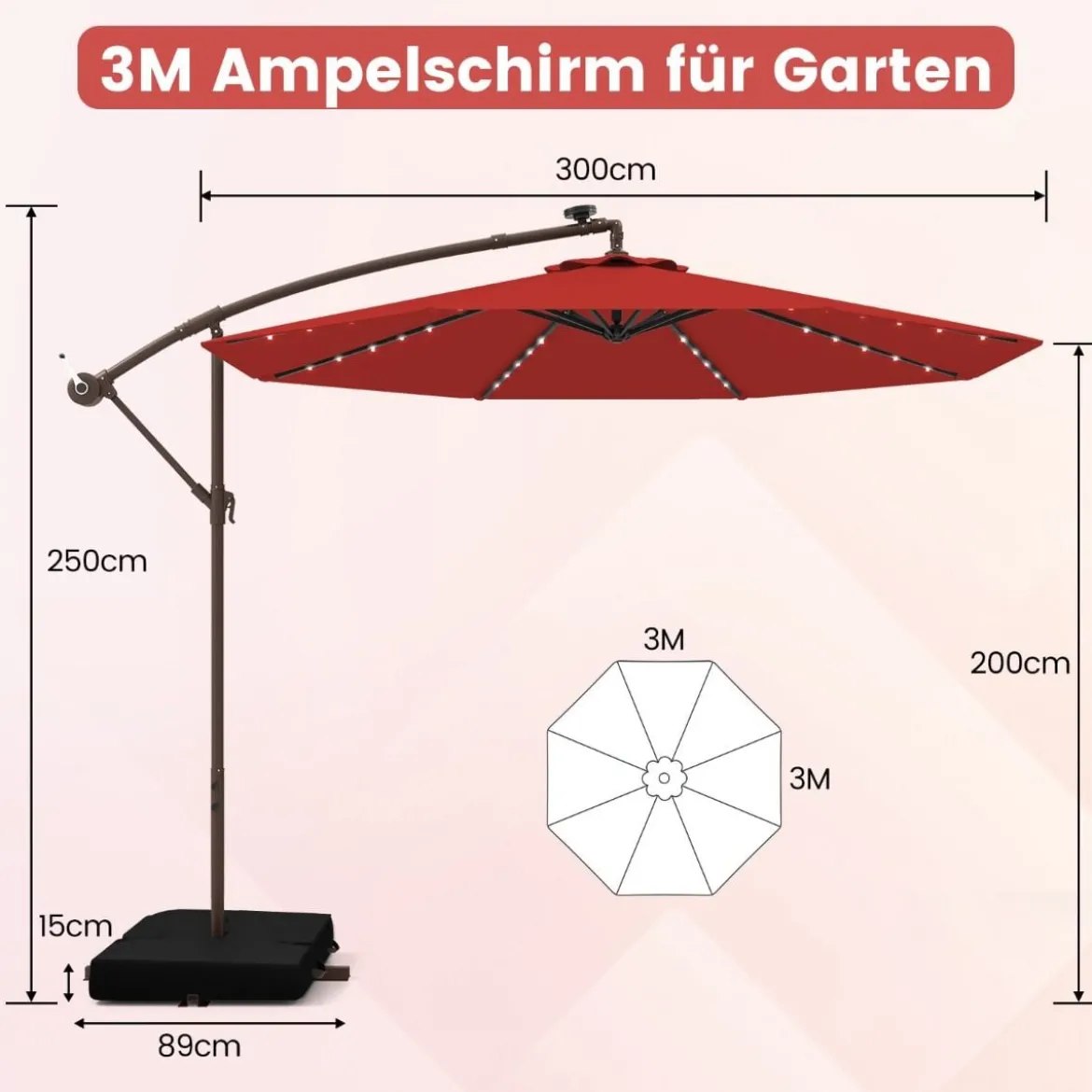 Ø300 cm Ampelschirm mit 40 Solar-LED-Leuchten & Sandsäcke & Kurbel & UV-Schutz Sonnenschirm