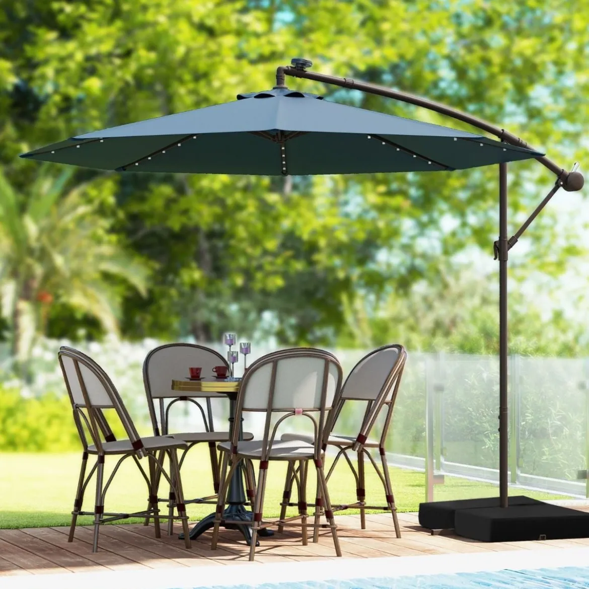 Ø300 cm Ampelschirm mit 40 Solar-LED-Leuchten & Sandsäcke & Kurbel & UV-Schutz Sonnenschirm