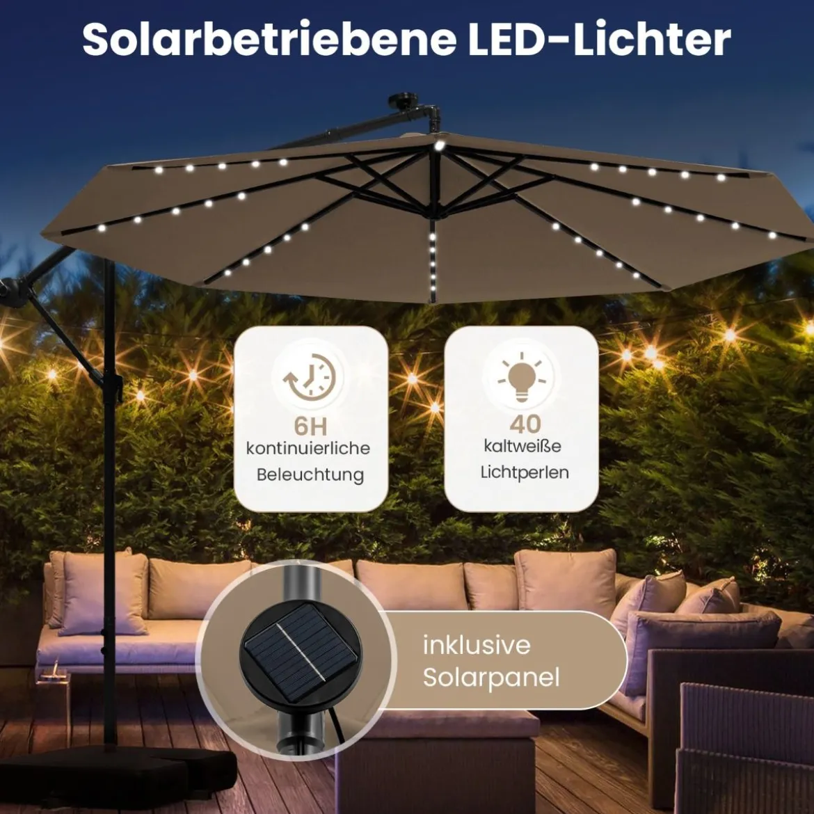 Ø300 cm Ampelschirm mit 40 Solar-LED-Leuchten & Sandsäcke & Kurbel & UV-Schutz Sonnenschirm