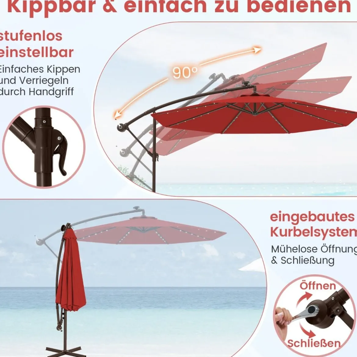 Ø300 cm Ampelschirm mit 40 Solar-LED-Leuchten & Sandsäcke & Kurbel & UV-Schutz Sonnenschirm