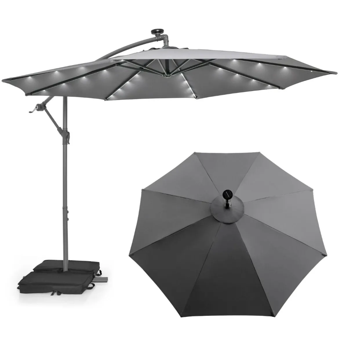 Ø300 cm Ampelschirm mit 40 Solar-LED-Leuchten & Sandsäcke & Kurbel & UV-Schutz Sonnenschirm