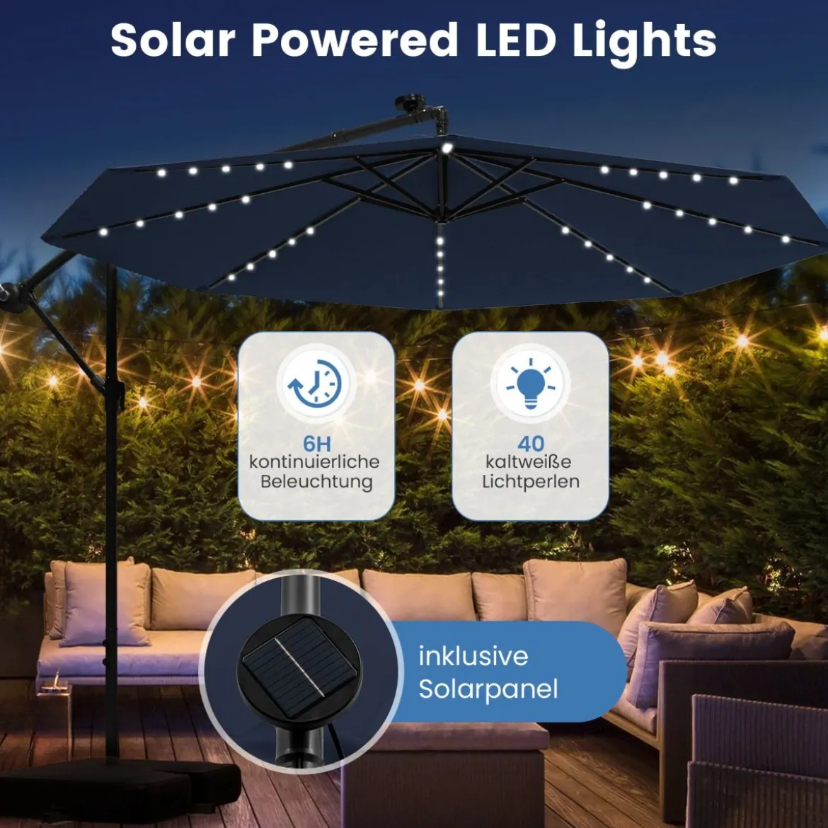 Ø300 cm Ampelschirm mit 40 Solar-LED-Leuchten & Sandsäcke & Kurbel & UV-Schutz Sonnenschirm